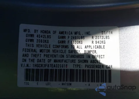 2014 Honda Accord Ex-L V-6 from USA, damaged, VIN 1HGCR3F87EA020816
